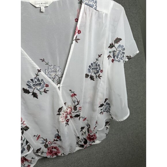 Lucky Brand XL Womens Top Sheer Embroidered Vneck White Floral Boho Cottage - Picture 15 of 16